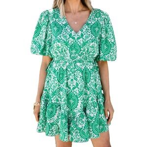 Entro Green Ornate Puff Sleeve Ruffle Mini Dress Paisley Cottage Resort Medium